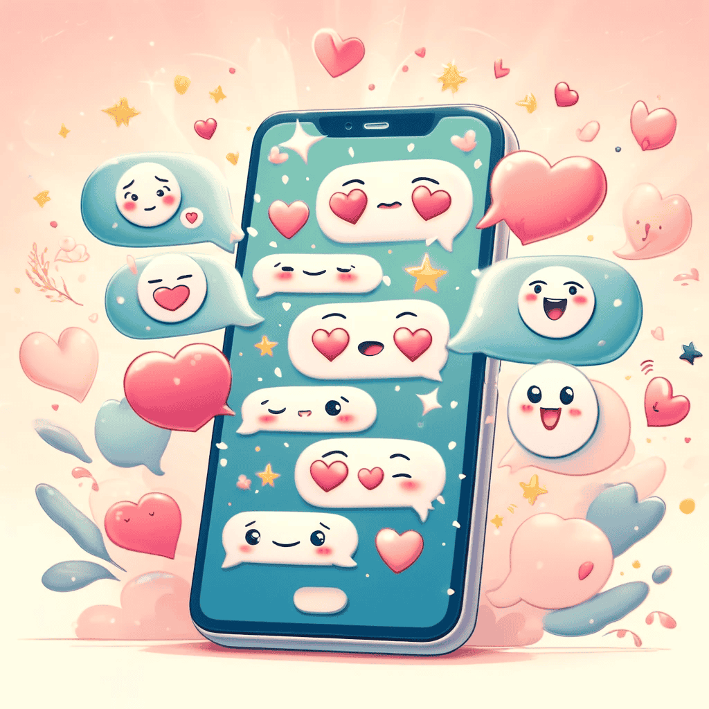 Farbenfrohe und verspielte Illustration eines Smartphones, das Textnachrichten mit Herz-Emojis anzeigt, umgeben von fantasievollen Zeichnungen von Herzen und Sternen, vor einem sanften pastellfarbenen Hintergrund, die Zeichen romantischen Interesses darstellen.