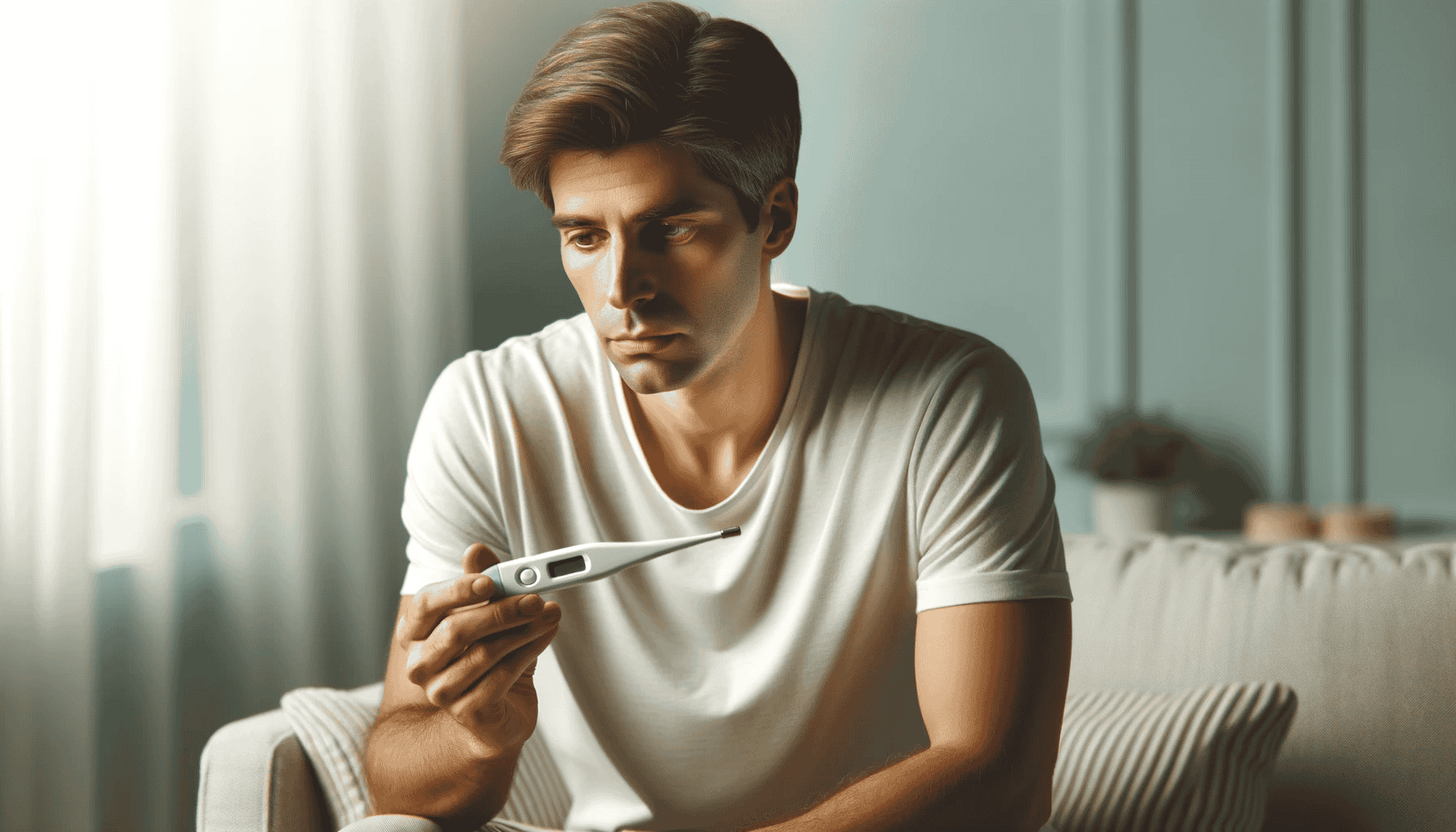 Besorgte Person mittleren Alters sitzt in einem modernen Wohnzimmer und hält ein digitales Thermometer. Sie hat kurzes braunes Haar und trägt ein weißes T-Shirt. Der Hintergrund ist in beruhigenden Blau- und Grüntönen gehalten, die Ruhe und Gesundheitsfürsorge symbolisieren.