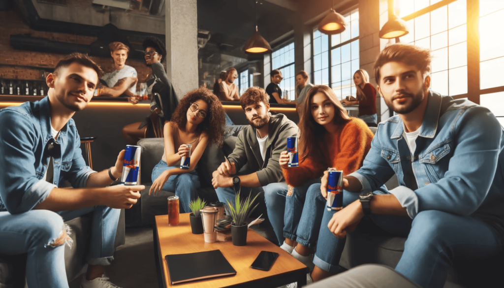 Eine Gruppe junger Menschen verschiedener Ethnizitäten entspannt in einem modernen Café, einige halten Red-Bull Energy Drinks in den Händen. Sie unterhalten sich über den verantwortungsbewussten Umgang mit diesen Getränken.
