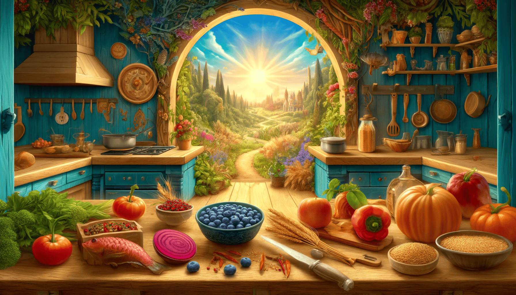 Dreamlight Valley Rezepte: Ein Tisch mit Fisch, frischem Gemüse und Getreide. An der Wand sind Küchenutensilien und in der Mitte des Bildes ein Toor zu einer wunderschönen Welt.