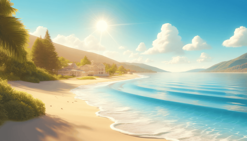 Ein idyllisches Bild im Grünen mit einem Haus am Strand, Sonne und Bergen im Hintergrund.