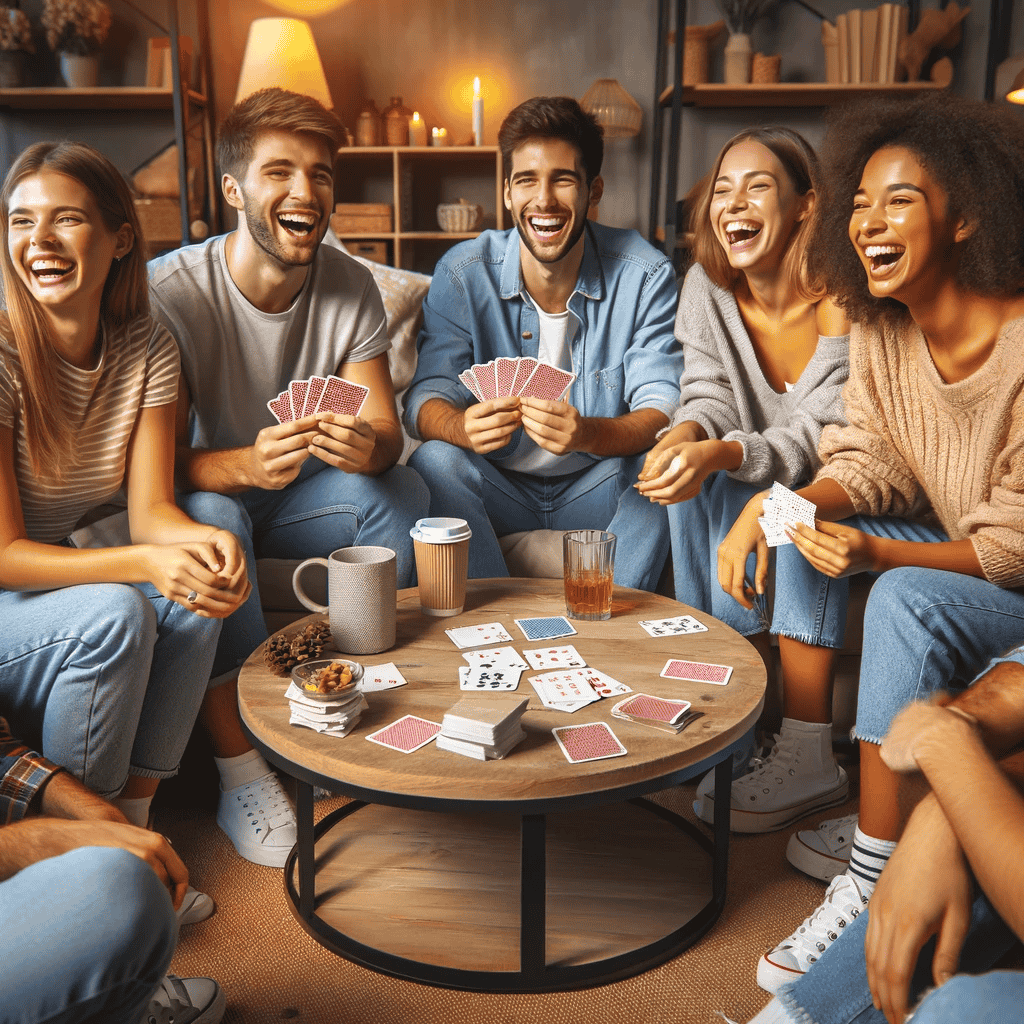 Eine ausgelassene Gruppe von jungen Erwachsenen, die das Spiel "Ich hab noch nie" in einem gemütlichen Wohnzimmer spielen, umgeben von Snacks, Getränken und Spielen.