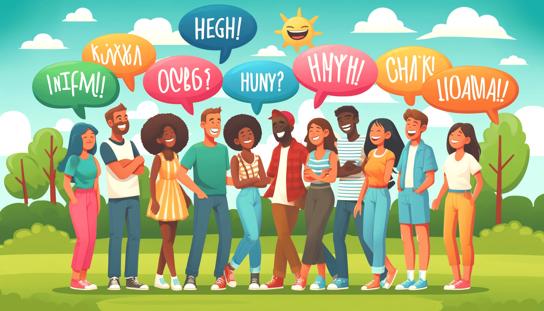 Eine fröhliche Gruppe von Cartoon-Menschen verschiedener Ethnizitäten teilt lustige Sprüche, dargestellt in bunten Sprechblasen vor einem hellen, freundlichen Hintergrund.