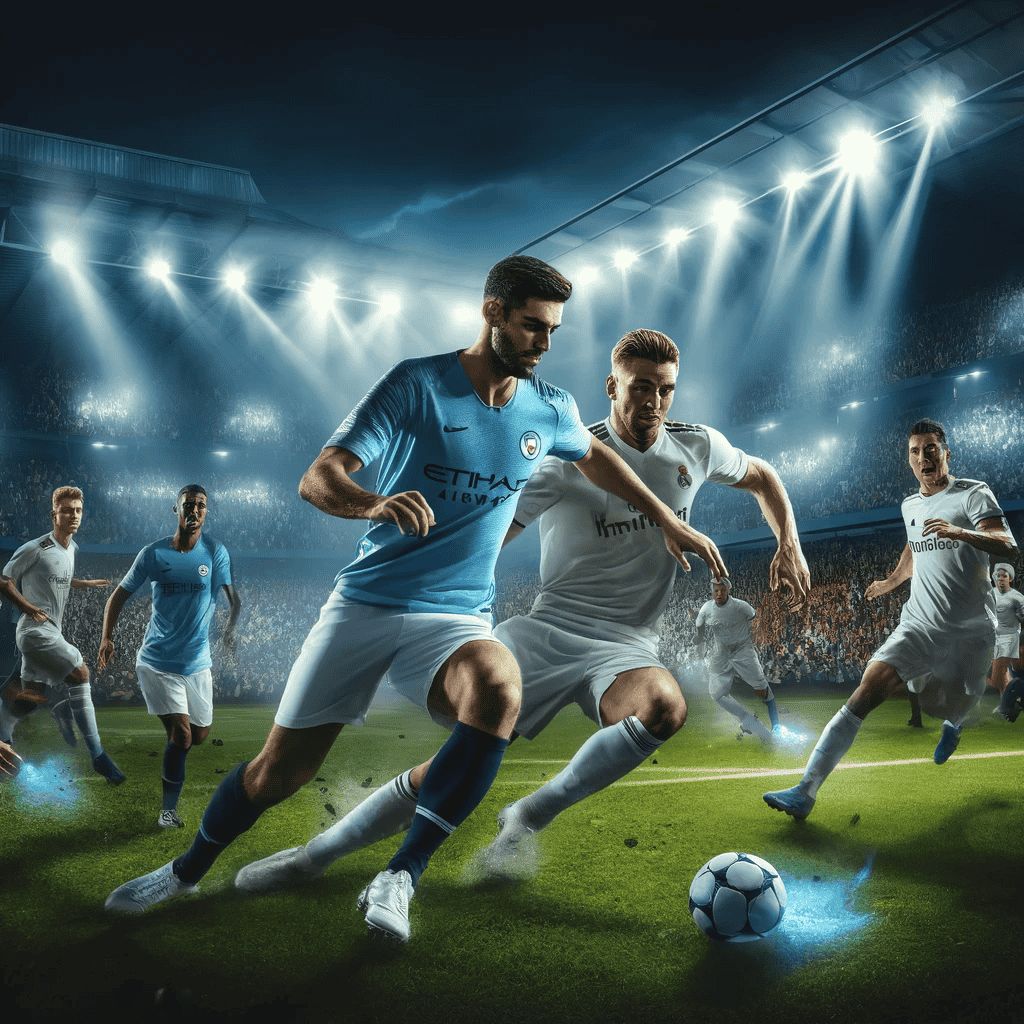 Man City gegen Real Madrid: Fußballspieler während einem Spiel bei Nacht bei Flutlicht im Stadion.