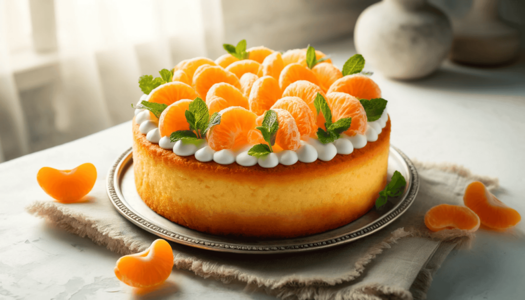 Ein köstlicher Mandarinen-Schmand-Kuchen garniert mit Mandarinen.