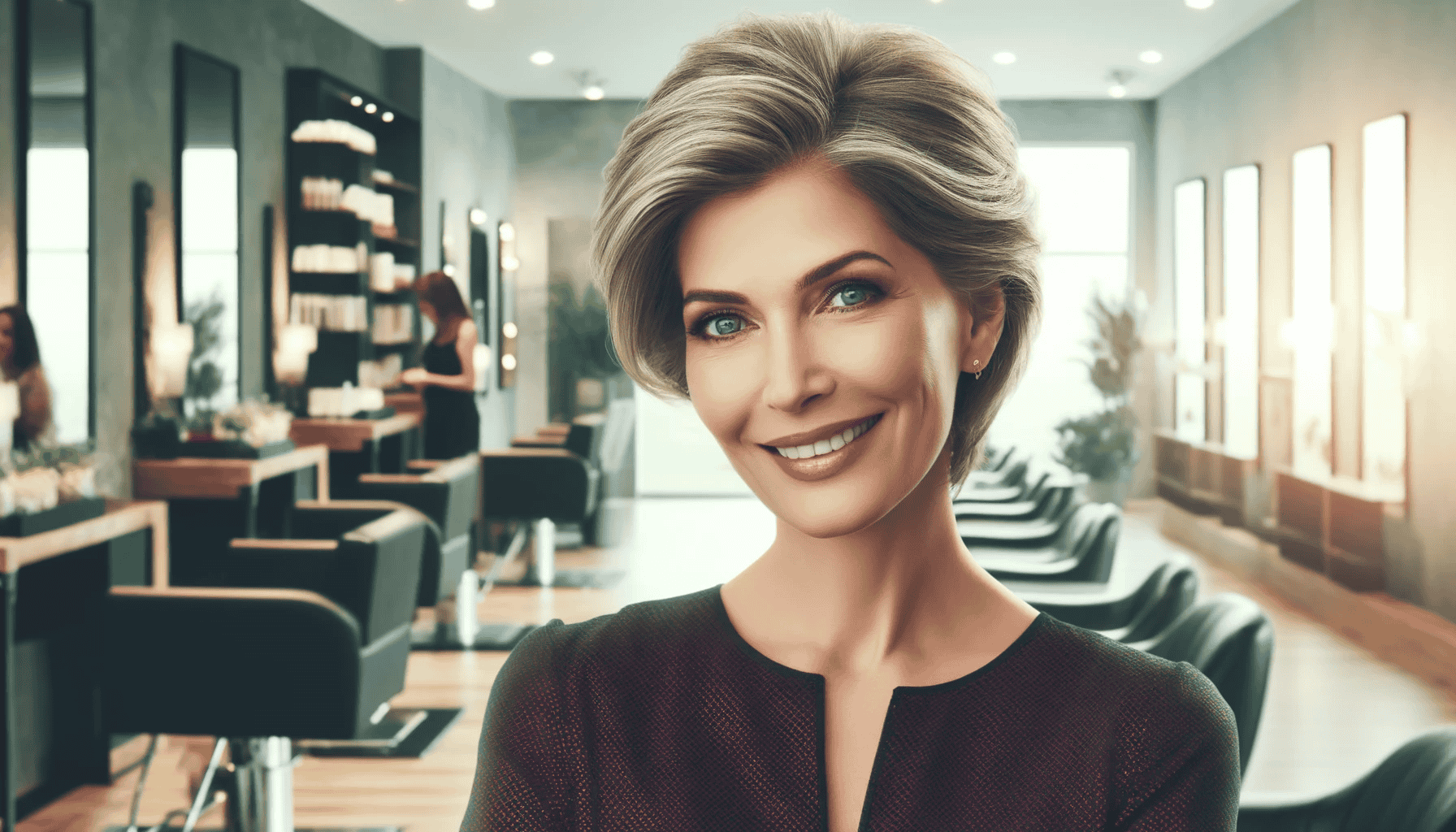 Eine schöne, mittelalte Frau mit trendiger Frisur lächelt in einem modernen Friseursalon in die Kamera.