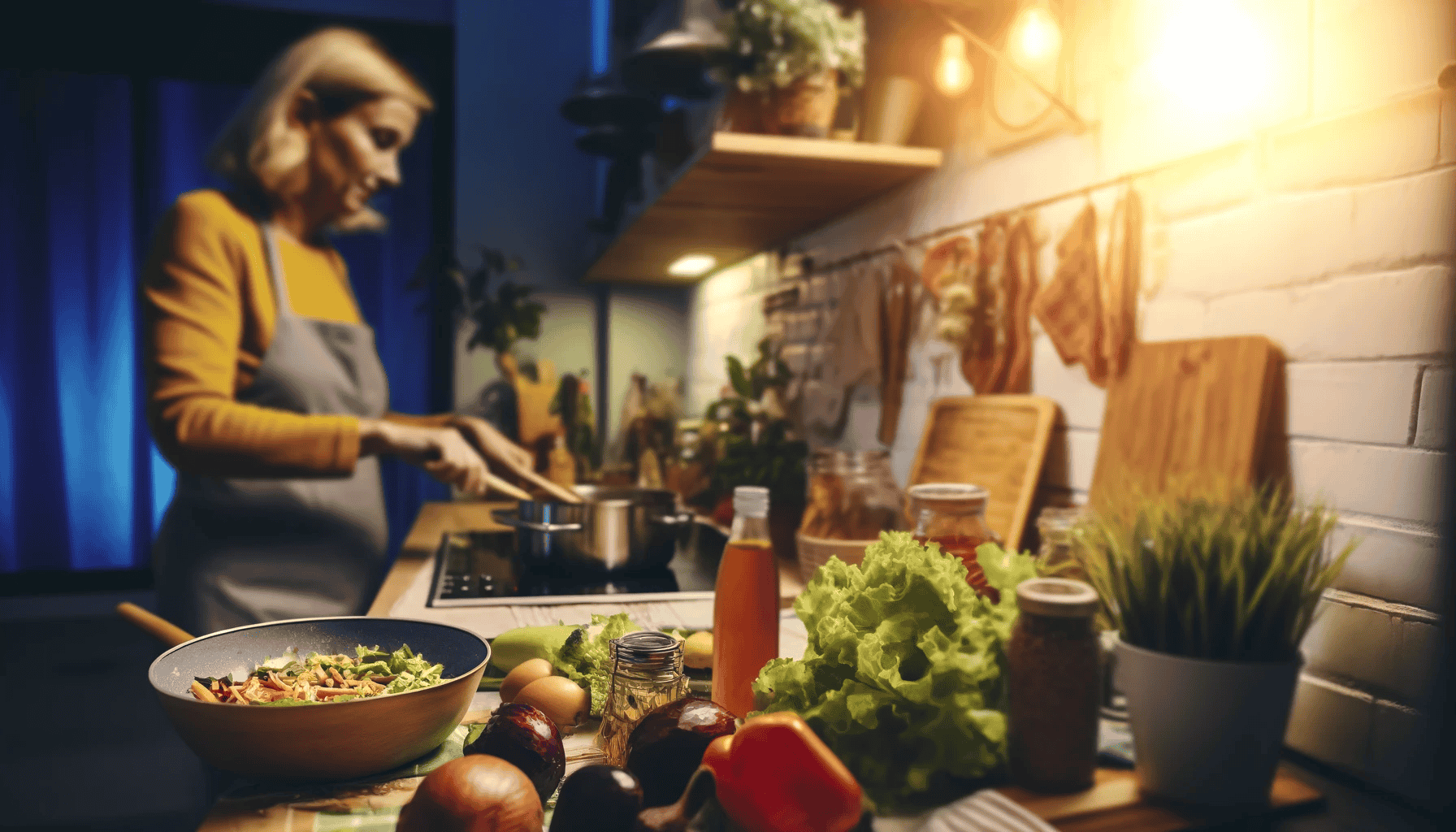 Eine Frau bereitet ein leckeres Abendessen zu. Im Vordergrund steht eine Pfanne mit Essen und frische Zutaten liegen auf dem Tisch.