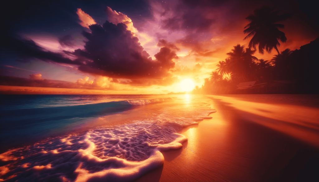 Ein wunderschöner Sonnenuntergang am Strand bei schönem Wetter und Palmen im Hintergrund.