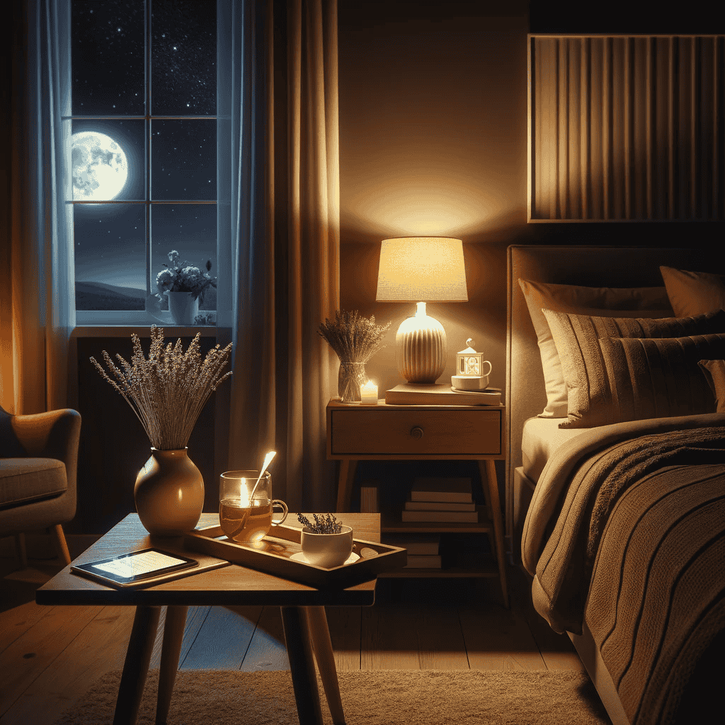 Gemütliches Schlafzimmer bei Nacht mit sanfter Beleuchtung und beruhigenden Accessoires, die eine entspannende Atmosphäre schaffen.