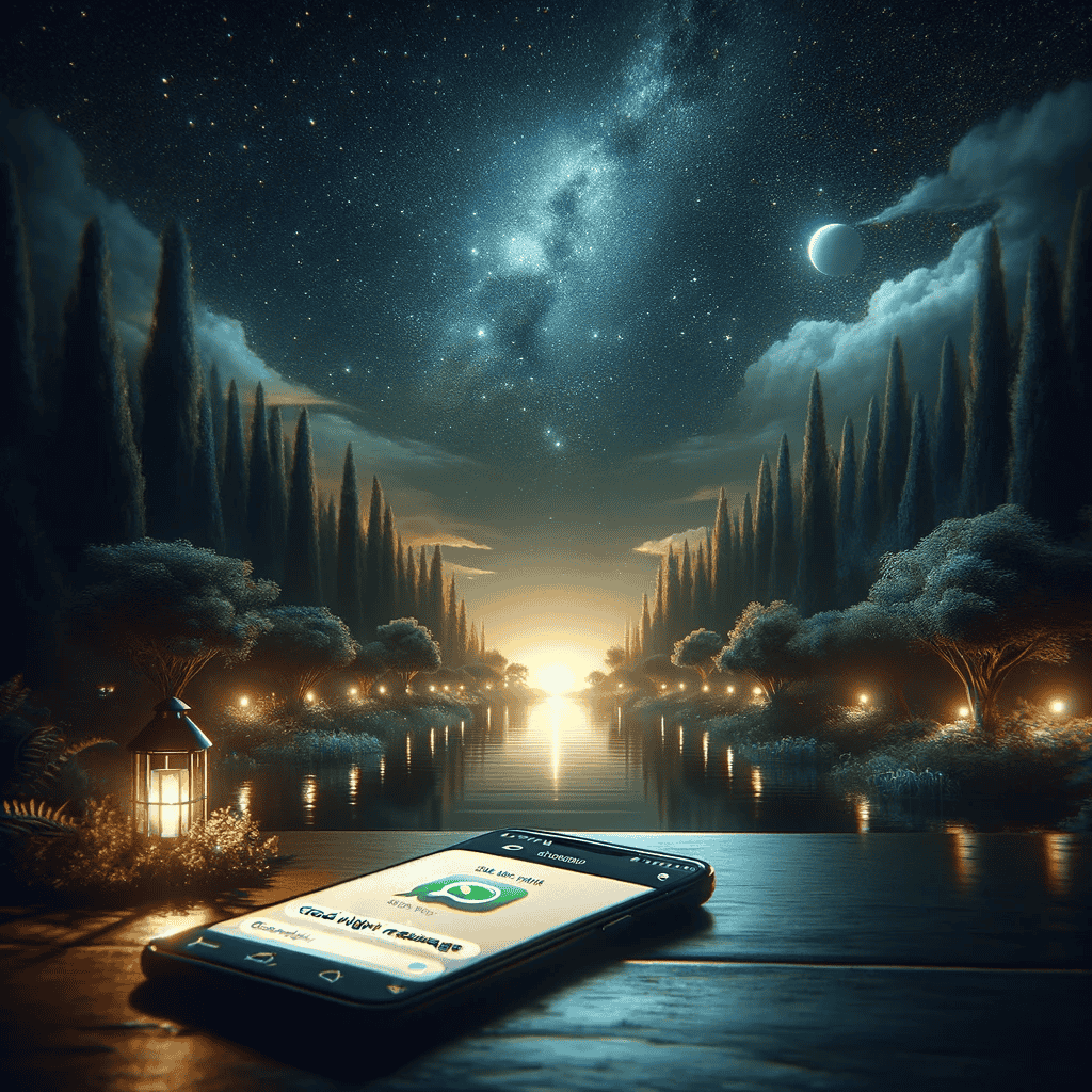 Ein Smartphone auf einem Holztisch zeigt eine WhatsApp-Nachricht mit einem Gute-Nacht-Bild vor einer ruhigen, sternklaren Nachtlandschaft, was eine warme und einladende Stimmung vermittelt.