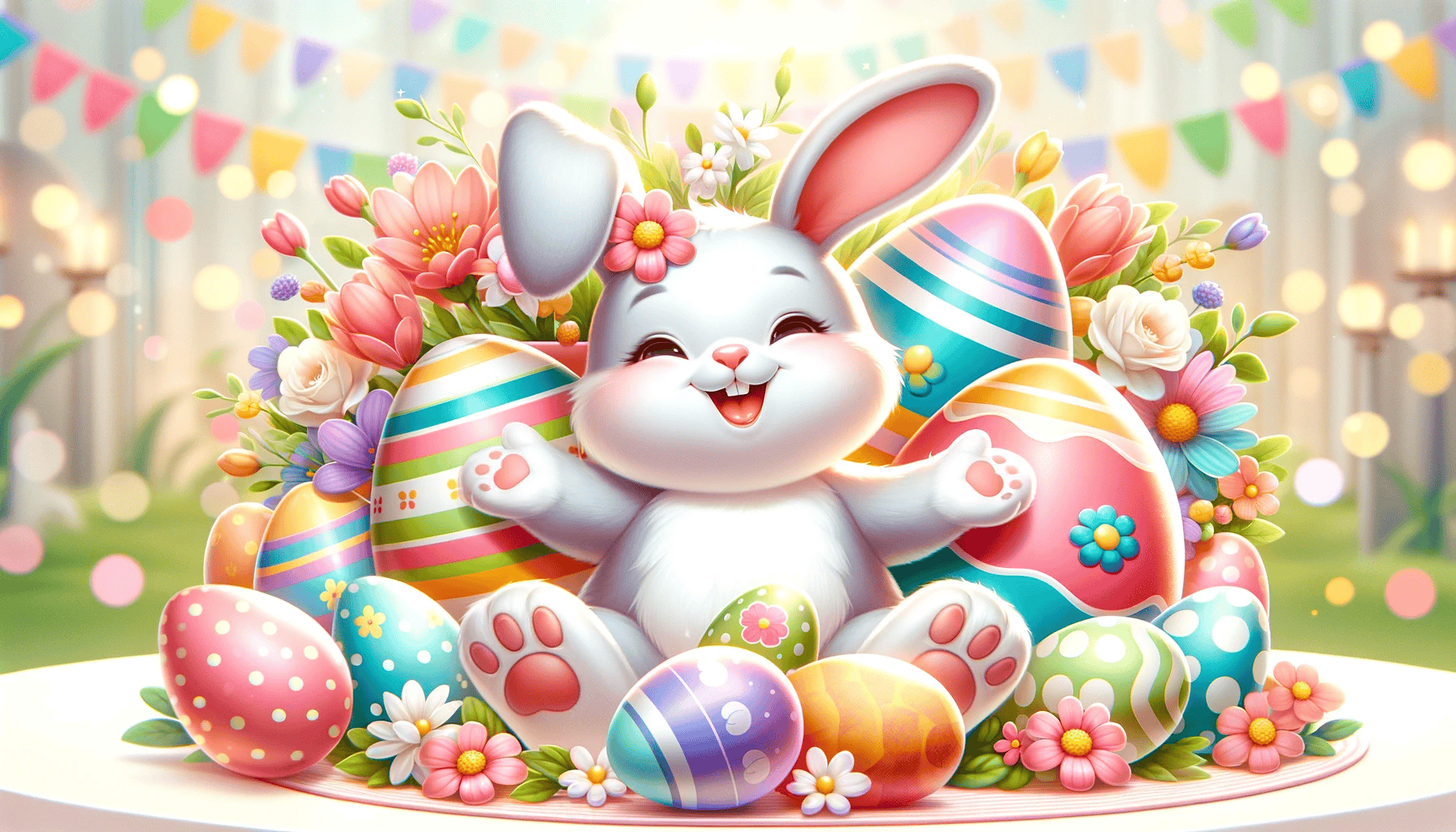Bunter Osterhase umgeben von einer Vielzahl von Ostereiern und frischen Frühlingsblumen auf einem hellen, pastellfarbenen Hintergrund.
