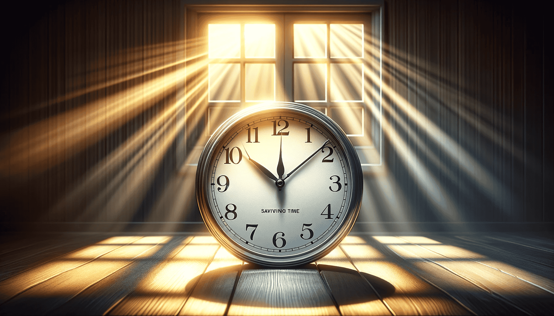 Analoge Uhr auf einem Holzboden stehend, umgeben von sanftem Morgenlicht, das den Übergang von der Nacht zum Tag während der Sommerzeit symbolisiert.