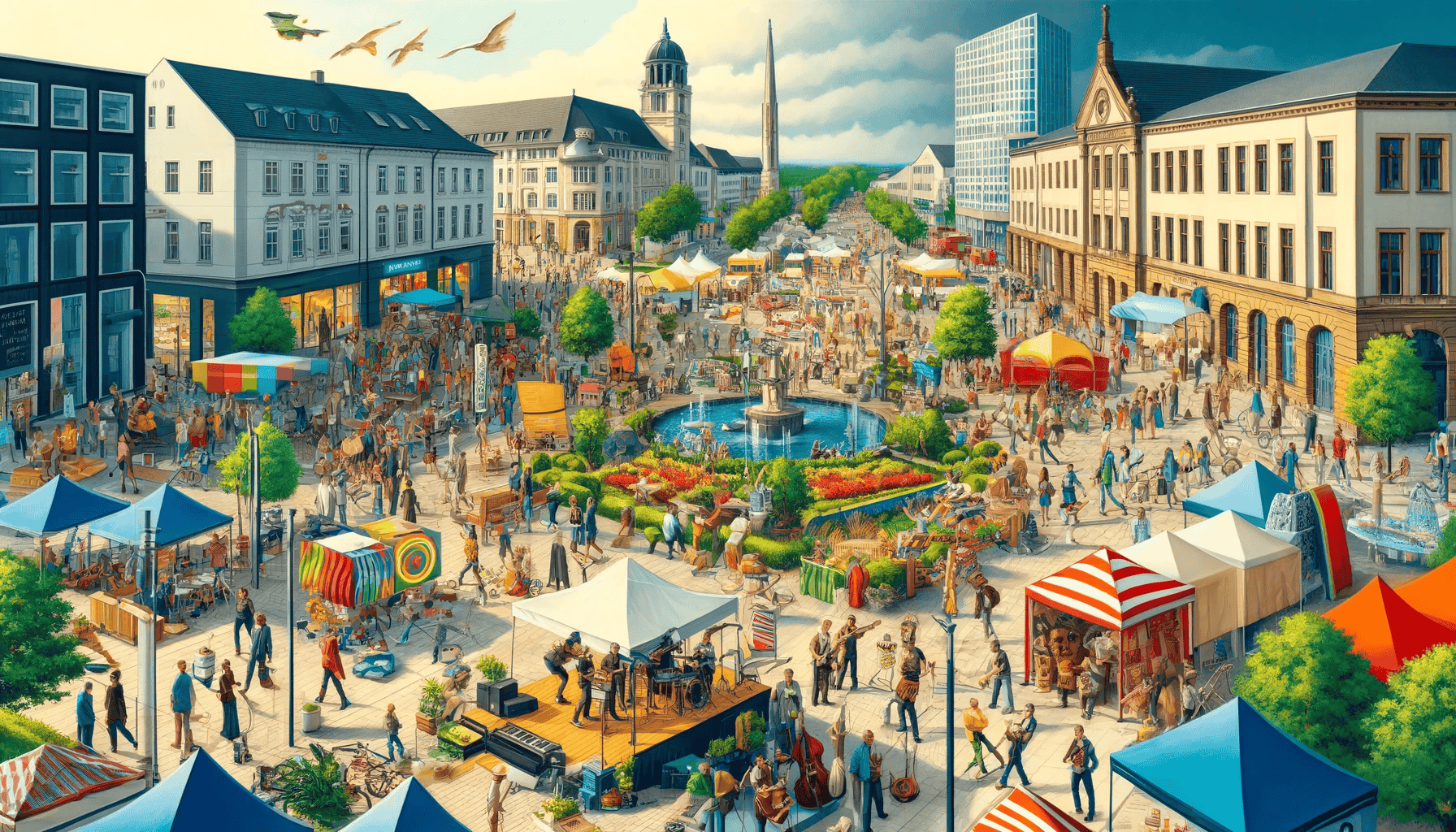 Ein lebhaftes Bild von Meppen, Deutschland, zeigt Menschen, die an verschiedenen Outdoor-Veranstaltungen teilnehmen, darunter ein Kunstfestival, ein Jazzkonzert im Park und einen öffentlichen Marathon. Die Szene ist bunt mit Festival-Dekorationen und spiegelt die kulturelle Reichhaltigkeit der Stadt wider.