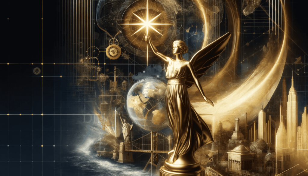Elegantes und anspruchsvolles Bild, das Reichtum und Erfolg darstellt, mit einer großen, glänzenden goldenen Statue einer Figur, die einen Stern hält. Im Hintergrund ist eine Weltkarte mit bekannten Wahrzeichen wie der Golden Gate Bridge, dem Eiffelturm und den Pyramiden von Gizeh zu sehen. Die Farbgebung in Gold, Schwarz und Weiß unterstreicht die globale Natur des Reichtums und die Errungenschaften der reichsten Menschen der Welt.