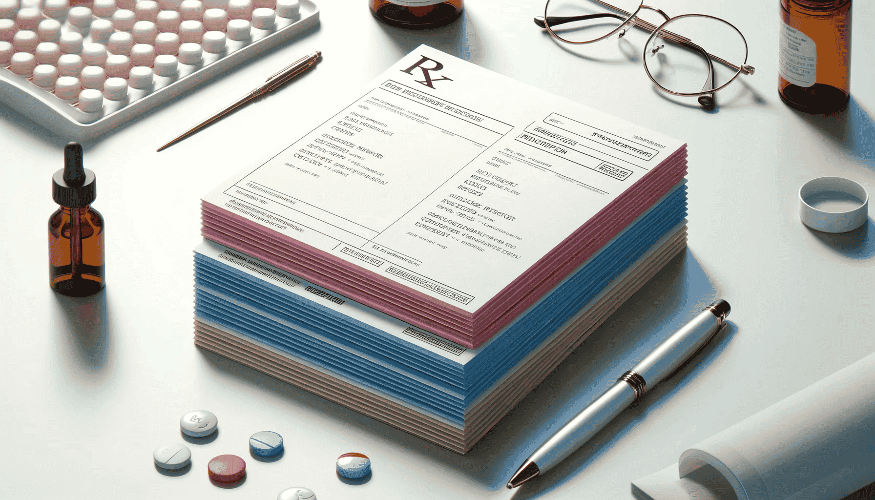 Verschiedene Rezeptformulare in Rosa, Blau und Gelb, ordentlich auf einem weißen Tisch arrangiert, neben einem Stift, einer Brille und verschiedenen Medikamenten, die einen medizinischen Arbeitsplatz darstellen.