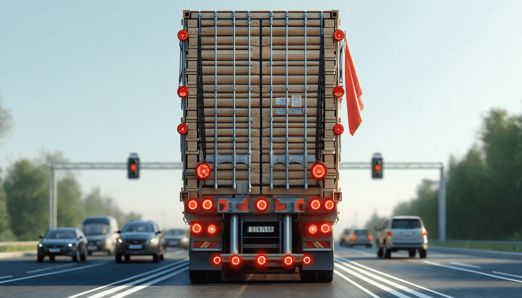 Hinteransicht eines Lastwagens auf einer belebten Straße, beladen mit deutlich gekennzeichneter Ladung, die 1,5 Meter hinausragt, inklusive einer roten Fahne und reflektierenden Elementen.