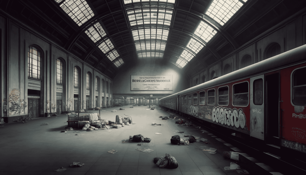 Verlassene Bahnhofshalle des Berliner Bahnhof Zoos in den 1970er Jahren, geprägt von Graffiti und verstreuten persönlichen Gegenständen, die eine düstere und einsame Atmosphäre der damaligen Drogenkultur unter Jugendlichen widerspiegeln.