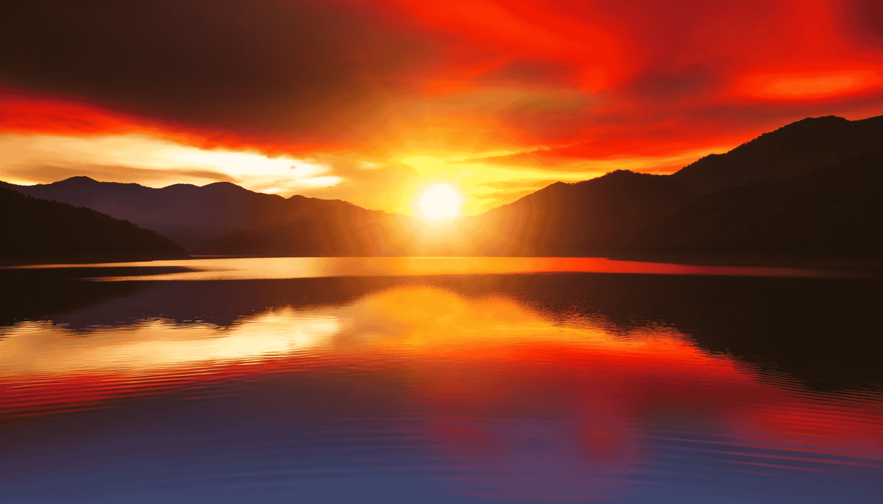 Sonnenaufgang mit leuchtenden orange-roten Himmel über einem See, umgeben von dunklen Bergsilhouetten, spiegelt sich im ruhigen Wasserspiegel.