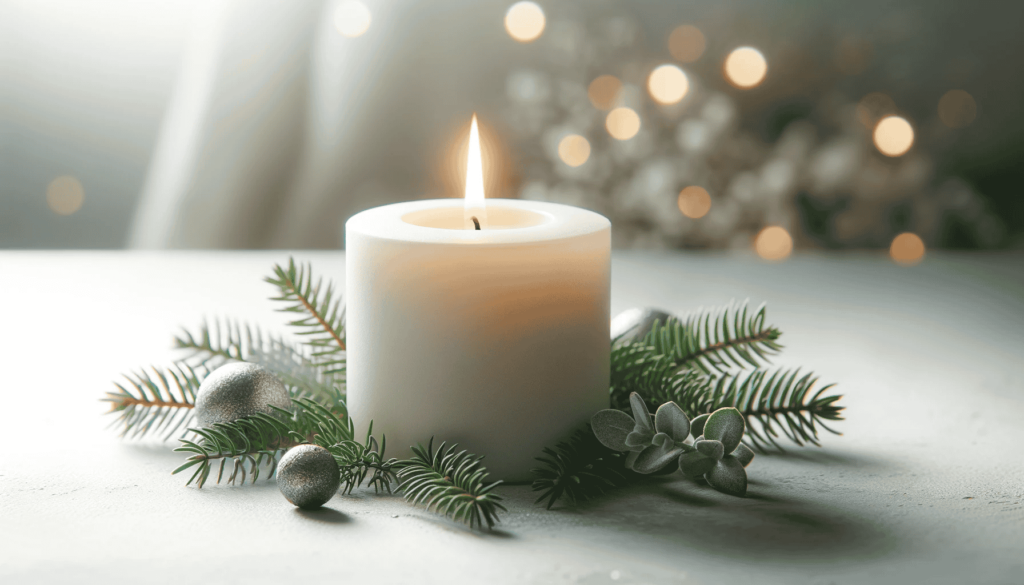 Eine einzelne, beleuchtete Kerze umgeben von Tannennadeln und kleinen Blättern, die eine minimalistische Herangehensweise an die Feiertagsdekoration symbolisiert. Die Kerze wirft ein warmes, sanftes Licht aus, das eine ruhige und friedliche Atmosphäre schafft.