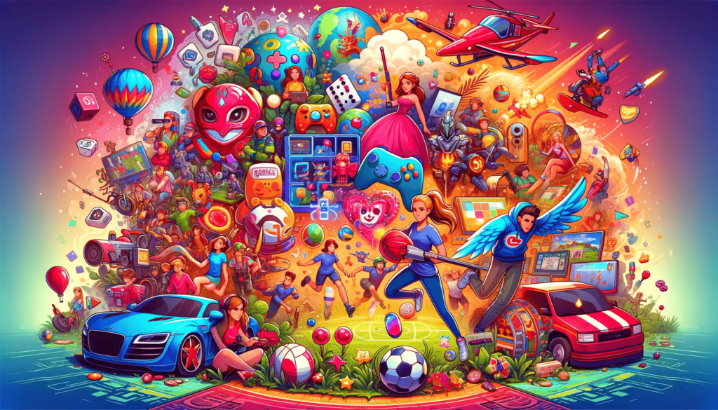 Eine lebhafte digitale Illustration, die verschiedene Online-Spielthemen darstellt, darunter Actionspiele, Puzzles, Sportarten und Modespiele, in einem cartoonhaften, ansprechenden Stil.