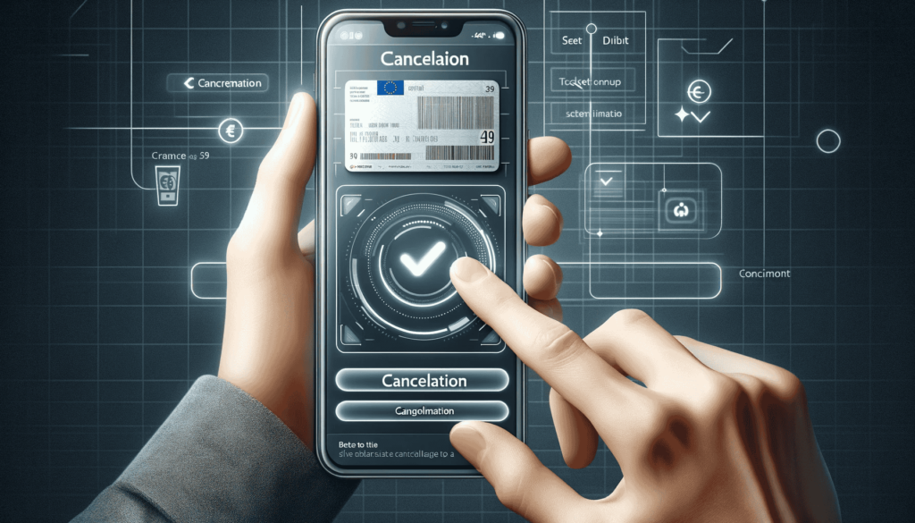 Moderne Darstellung der Kündigung eines 49-Euro-Tickets: Eine Hand hält ein Smartphone, auf dessen Display ein digitales Ticket mit einem prominenten Abbruch-Button zu sehen ist. Ein Bestätigungs-Pop-up mit einem dezenten Häkchen zeigt die erfolgreiche Stornierung an. Der Hintergrund ist minimalistisch und betont den digitalen Stornierungsprozess.