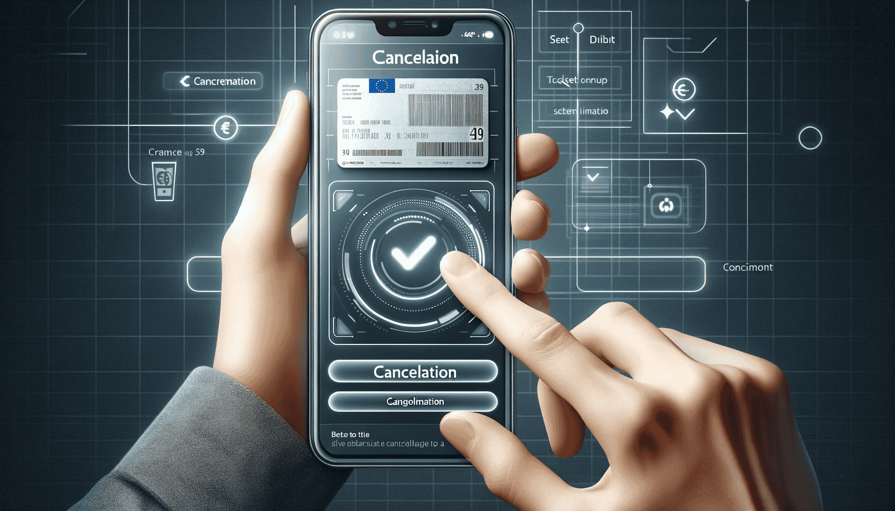 Moderne Darstellung der Kündigung eines 49-Euro-Tickets: Eine Hand hält ein Smartphone, auf dessen Display ein digitales Ticket mit einem prominenten Abbruch-Button zu sehen ist. Ein Bestätigungs-Pop-up mit einem dezenten Häkchen zeigt die erfolgreiche Stornierung an. Der Hintergrund ist minimalistisch und betont den digitalen Stornierungsprozess.