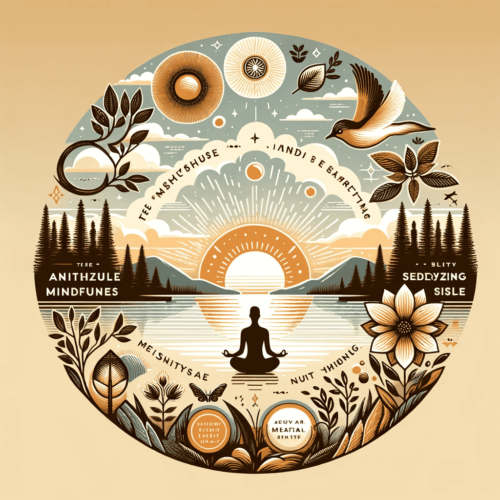 Ein friedliches, naturinspiriertes Szenario mit einem Sonnenaufgang, einer ruhigen Landschaft und einer meditierenden Person. Überlagernde Texte zeigen verschiedene inspirierende Zitate zur Achtsamkeit. Das Design strahlt Ruhe, Gelassenheit und Reflexion aus, mit einer modernen und sauberen Ästhetik.