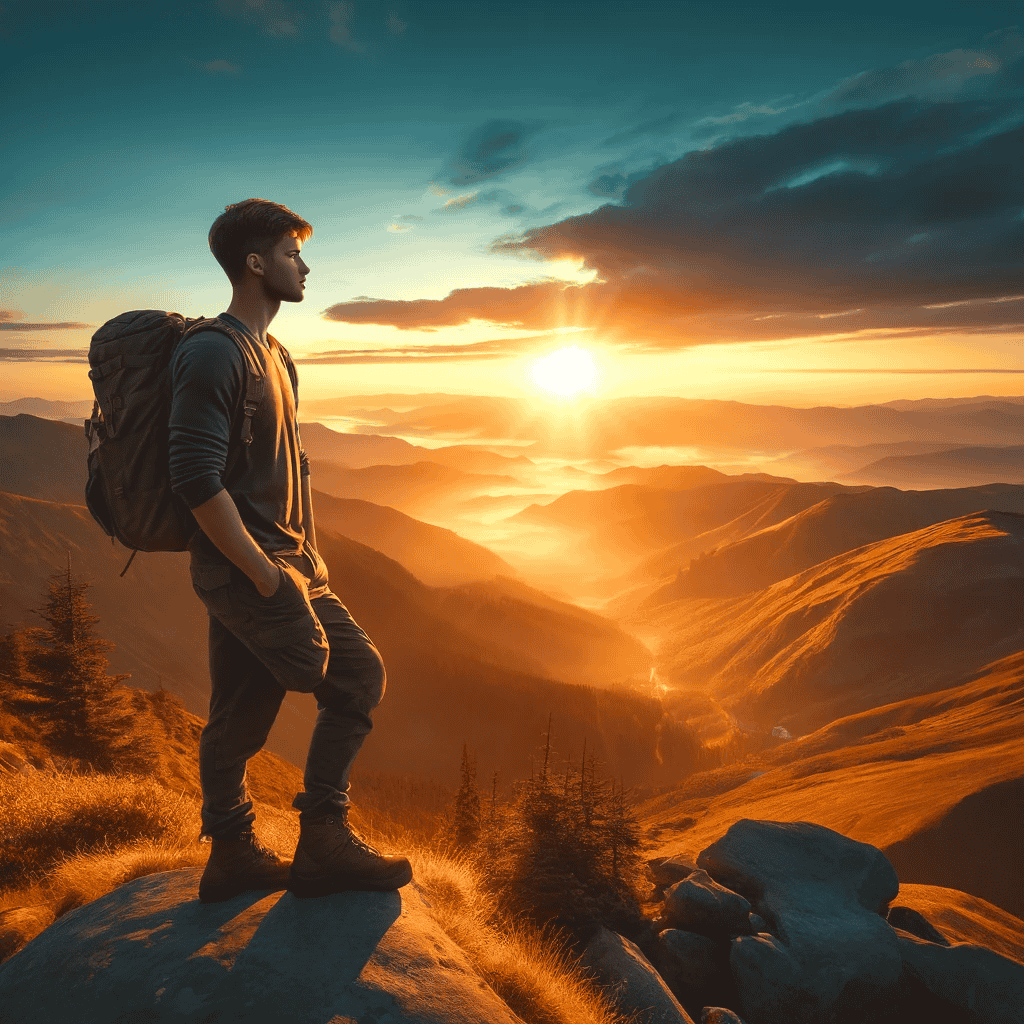 Junge Person steht allein auf einem Berggipfel beim Sonnenaufgang, blickt nachdenklich über eine ausgedehnte Berglandschaft. Die Morgensonne taucht die Szene in ein warmes goldenes Licht, welches Freiheit und Abenteuer unterstreicht.