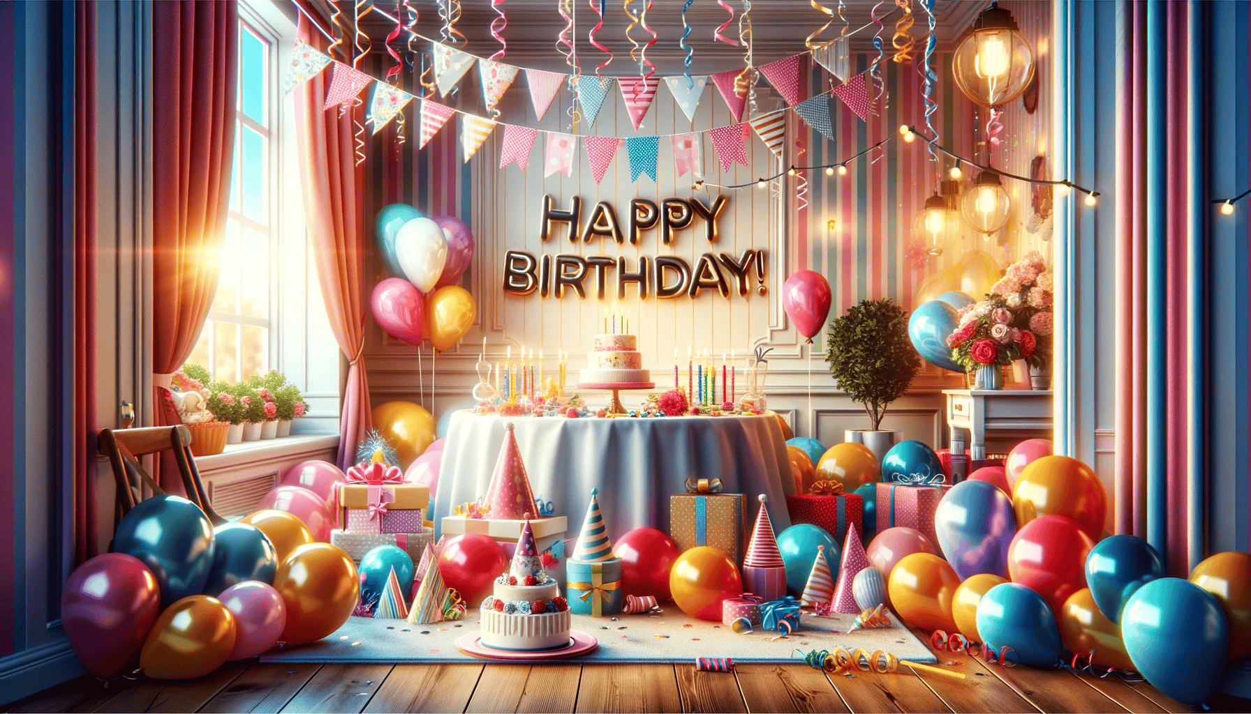 Ein lebhaft dekorierter Raum für eine Geburtstagsfeier, ausgestattet mit bunten Ballons, Girlanden und einem großen Banner, das “Happy Birthday!” verkündet. Auf einem Tisch stehen ein mit Kerzen bestückter Kuchen, verschiedene Partyhüte und kleine Snacks, alles arrangiert, um eine fröhliche und feierliche Atmosphäre zu vermitteln.