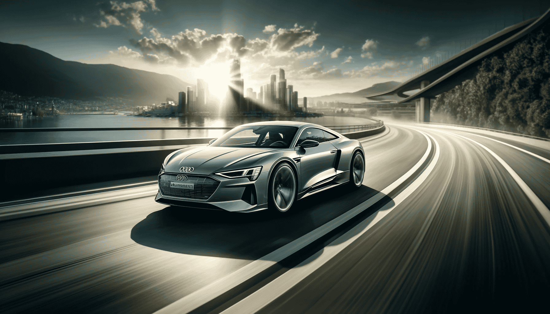 Ein dynamisches Bild des Audi e-tron GT in Bewegung auf einer malerischen Straße. Das Auto zeigt sein schlankes, futuristisches Design und aggressive Stylingmerkmale vor einer Kulisse aus moderner Stadtarchitektur und natürlichen Landschaften, was die Vielseitigkeit des Fahrzeugs in verschiedenen Umgebungen unterstreicht. Die Beleuchtung betont das metallische Finish und die fortschrittlichen Technologie-Features des Autos.