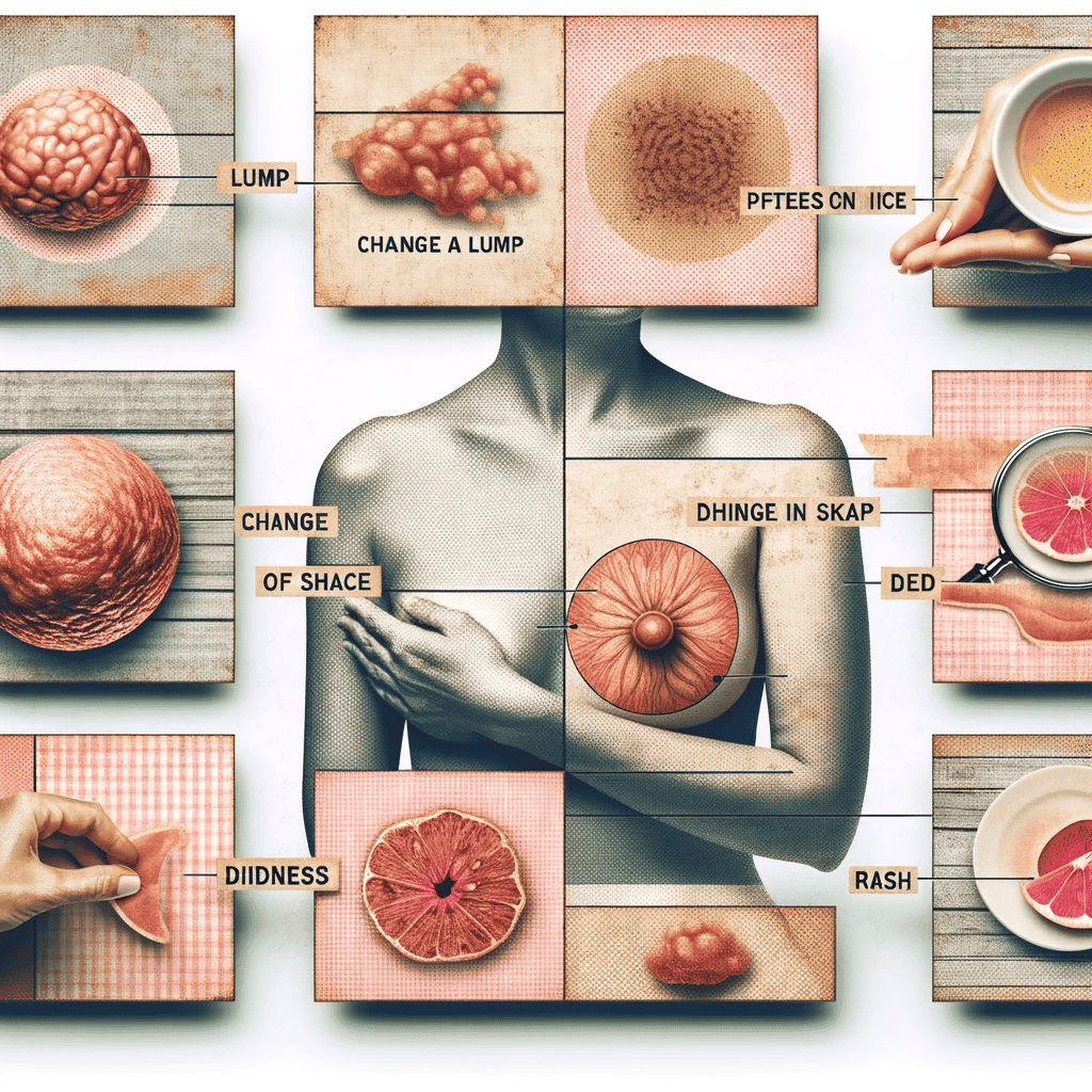 Informative Collage darstellend verschiedene Anzeichen von Brustkrebs, einschließlich eines Knotens, Formveränderungen, Hautdellen und Rötungen oder Ausschläge. Jedes Bild ist klar beschriftet, um die Symptome hervorzuheben, in einer Atmosphäre von Fürsorge und Aufklärung gestaltet, um das Bewusstsein für Brustkrebs zu fördern.