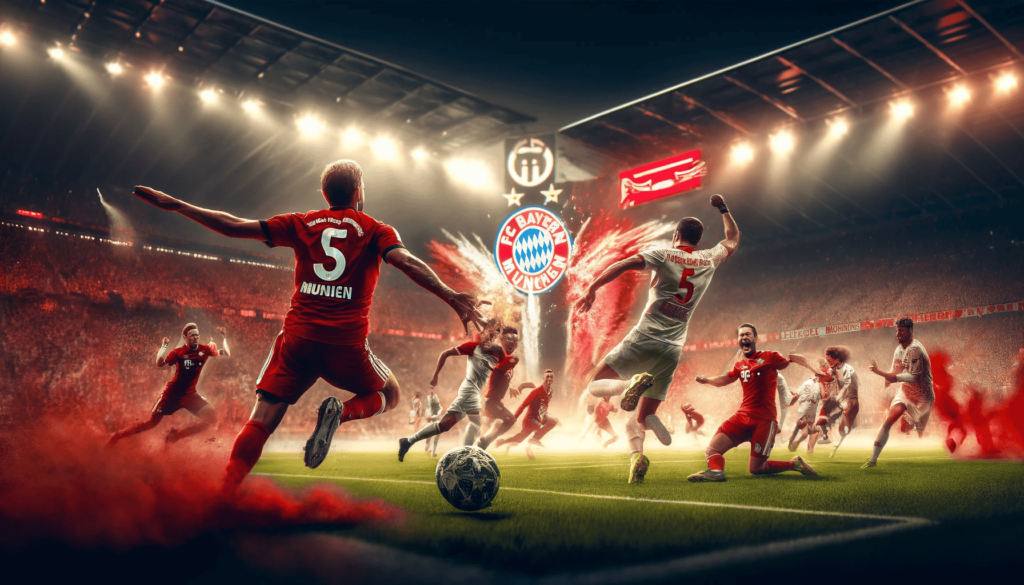 Lebendiges Bild eines Fußballspiels zwischen Bayern München und RB Leipzig. Die Spieler sind in Aktion auf dem Spielfeld, umgeben von begeisterten Fans im Hintergrund. Bayerns Trikots sind in Rot und Leipzigs in Weiß und Rot. Die energiegeladene Stadionatmosphäre fängt die Spannung des Spitzenspiels ein.