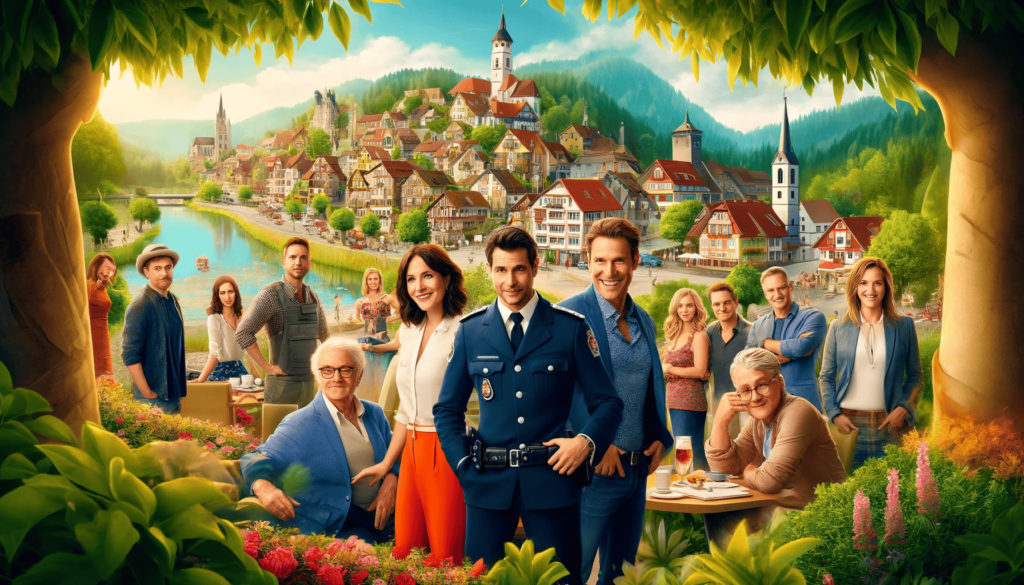 Eine farbenfrohe Promotionszene der TV-Serie "Die Rosenheim-Cops", die eine diverse Besetzung in einer malerischen Umgebung von Rosenheim zeigt. Die Hauptfiguren, darunter ein Charakter in Polizeiuniform und eine in Geschäftskleidung, interagieren vor einer malerischen Kulisse der Stadt, was den Charme und das Gemeinschaftsgefühl der Serie unterstreicht.