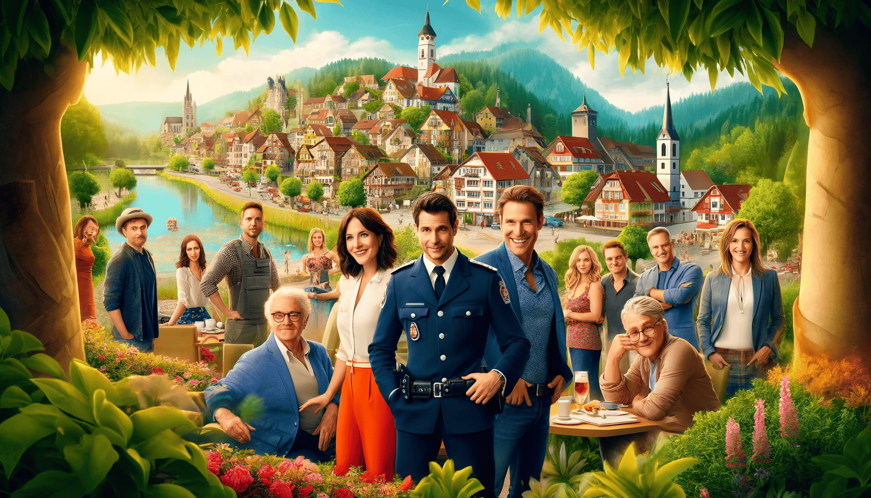 Eine farbenfrohe Promotionszene der TV-Serie "Die Rosenheim-Cops", die eine diverse Besetzung in einer malerischen Umgebung von Rosenheim zeigt. Die Hauptfiguren, darunter ein Charakter in Polizeiuniform und eine in Geschäftskleidung, interagieren vor einer malerischen Kulisse der Stadt, was den Charme und das Gemeinschaftsgefühl der Serie unterstreicht.