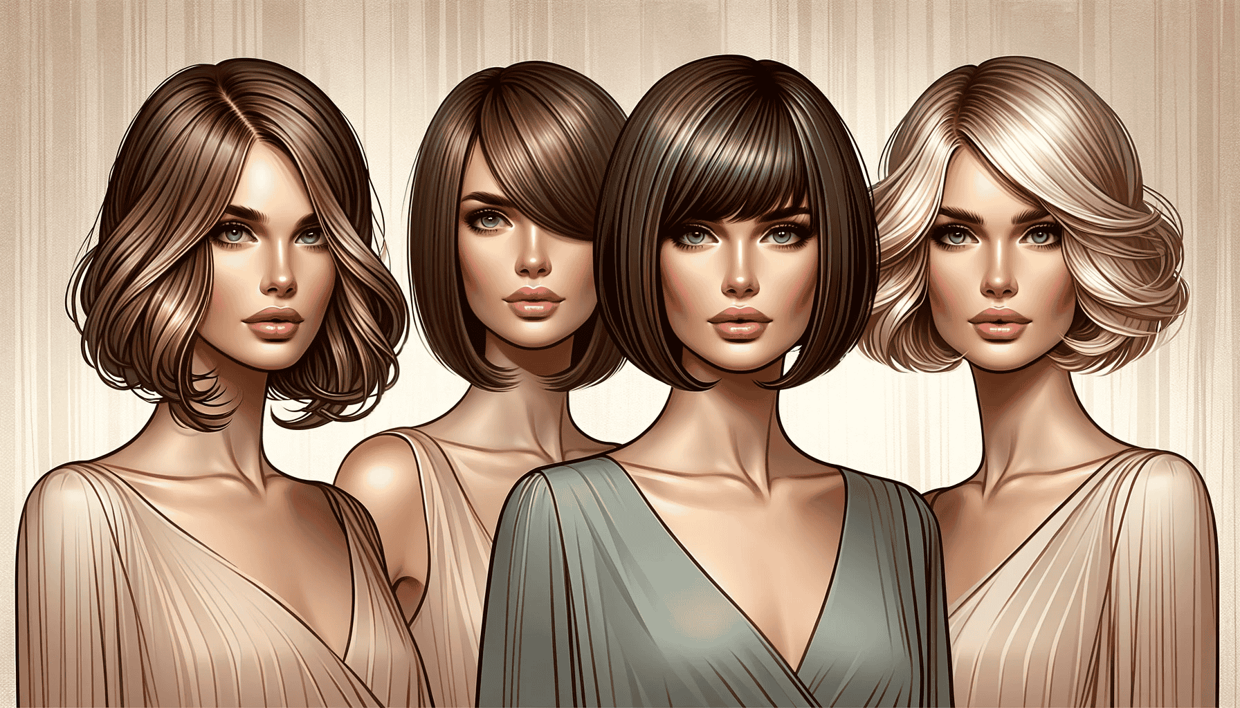 Ein stilvolles und elegantes Bild, das verschiedene gestufte Bob-Frisuren für Frauen über 50 zeigt. Vier Frauen, jede mit einem unterschiedlichen Bob-Stil – klassisch gerade, asymmetrisch, wellig und mit Pony – repräsentieren verschiedene Haartypen und Ethnizitäten. Der minimalistische und elegante Hintergrund betont den modernen und schicken Appeal der Frisuren.