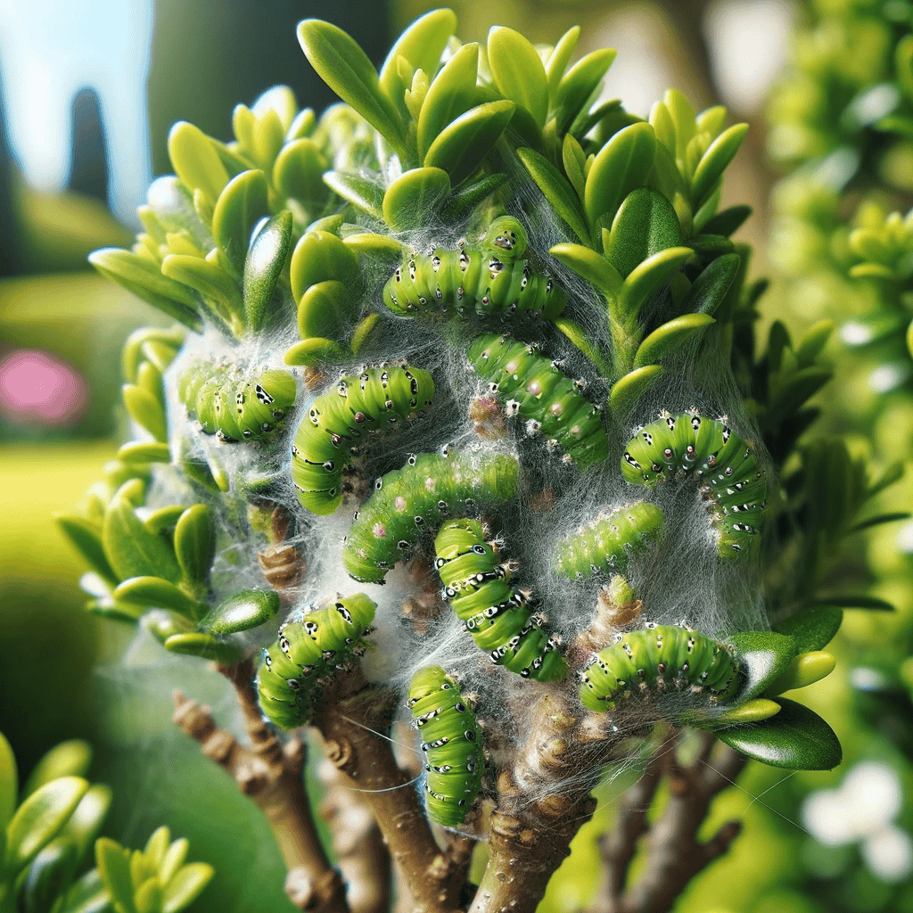 11 Raupen des Buchsbaumzünslers auf einem frisch grünen Buchsbaumästchen.