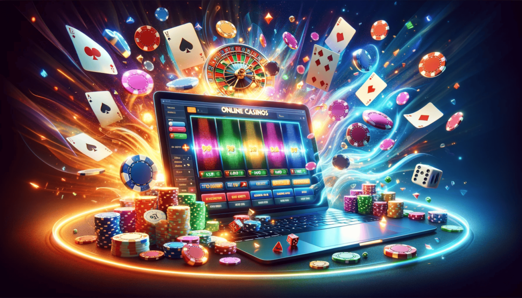 Ein dynamisches Bild, das die aufregende Welt der Online-Casinos zeigt, mit einem leuchtenden Casino-Interface auf einem Computerbildschirm, umgeben von Chips, Würfeln und Spielkarten. Die Szene betont das Konzept eines Casino-Bonus ohne Einzahlung und vermittelt die Faszination und Spannung des risikofreien Glücksspiels.