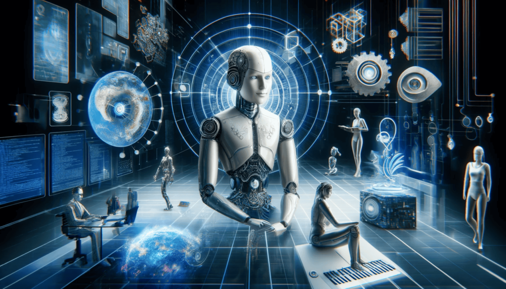Ein digitales Kunstwerk, das eine Vielzahl von Künstlicher Intelligenz-Schnittstellen darstellt, einschließlich eines humanoiden Roboters für persönliche Interaktionen, eines dynamischen Content-Erstellungswerkzeugs, einer technischen Programmierumgebung und einer benutzerfreundlichen mobilen App-Oberfläche. Der Hintergrund ist modern und futuristisch gestaltet, was die fortgeschrittene Technologie und Innovation symbolisiert.