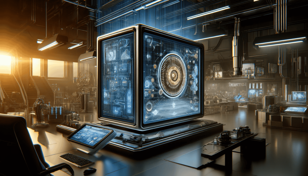 Ein digitales Kunstwerk, das die Erstellung von Bildern mit ChatGPT darstellt. Es zeigt einen futuristischen Arbeitsplatz mit einem großen, hochtechnologischen Bildschirm, der einen komplexen Bildgenerierungsprozess anzeigt. Die Umgebung ist modern und elegant, vollgepackt mit fortschrittlichen Technologiegeräten und Werkzeugen, die die innovativen und kreativen Möglichkeiten künstlicher Intelligenz in der visuellen Inhalteerstellung unterstreichen.