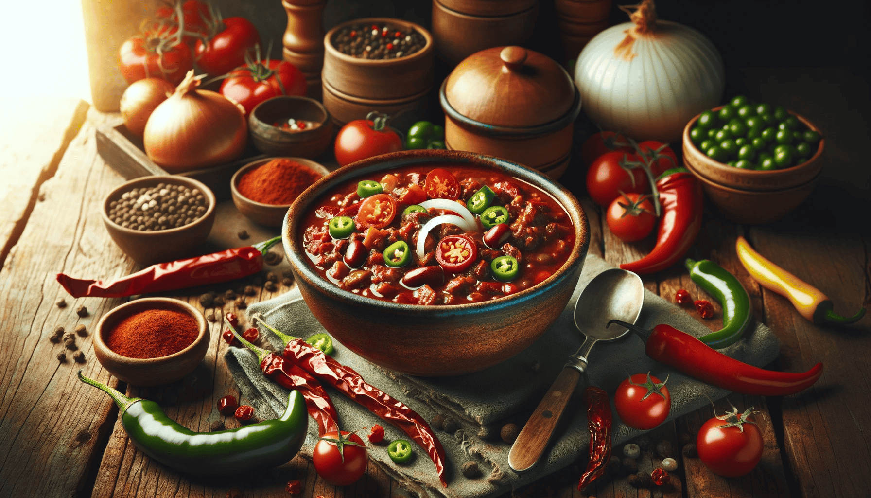 Ein Bild einer traditionellen Schüssel Chili con Carne, serviert auf einem rustikalen Holztisch. Das Gericht ist umgeben von frischen Zutaten wie Chili-Schoten, Tomaten und Zwiebeln, betont durch eine einladende und warme Atmosphäre, die den herzhaften und tröstenden Charakter des Gerichts hervorhebt.