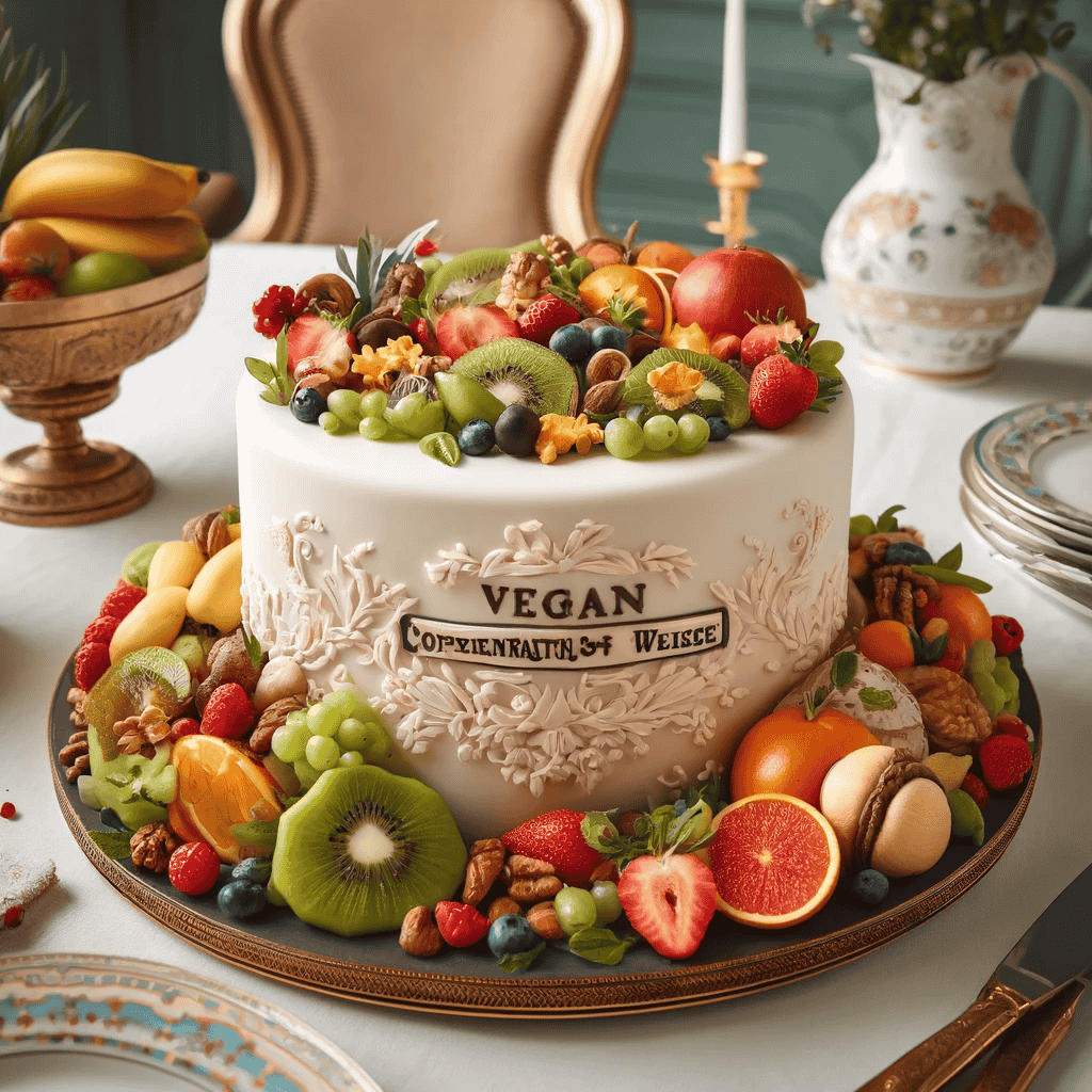 Vegane Torte von Coppenrath und Wiese, angerichtet auf einem eleganten Desserttisch, umgeben von frischen Früchten.