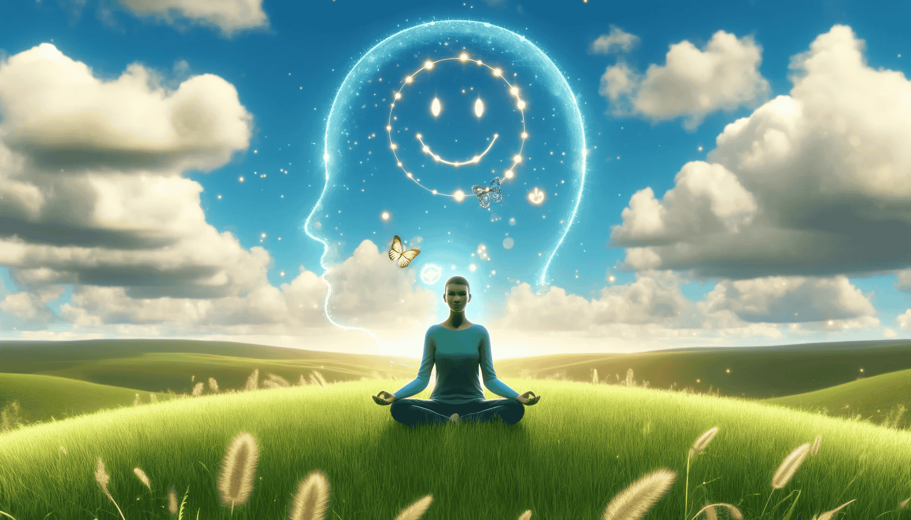 Person in meditativer Pose auf einem grünen Hügel unter einem blauen Himmel, umgeben von Symbolen des Glücks wie leuchtenden Lichtern und Schmetterlingen, die die positive Psychologie darstellen.