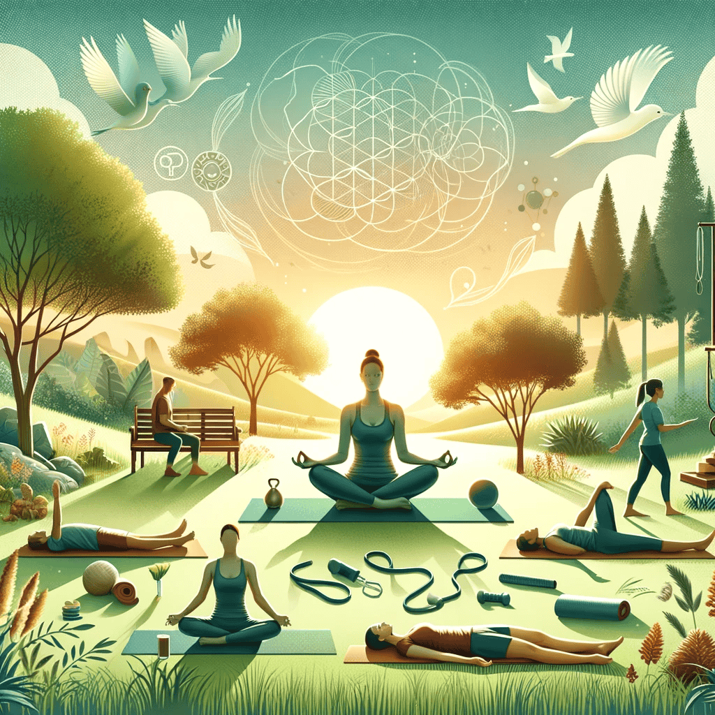 Eine friedliche Szene zeigt verschiedene Entspannungstechniken. Im Vordergrund meditiert eine Person auf einer Yogamatte inmitten der Natur. In der Nähe übt jemand Atemübungen auf einer Bank. Eine weitere Person führt progressive Muskelentspannungsübungen auf dem Gras durch. Der Hintergrund zeigt eine schöne natürliche Umgebung mit Bäumen, klarem Himmel und einer ruhigen Atmosphäre. Das Bild ist hell, beruhigend und betont Entspannung und Achtsamkeit.