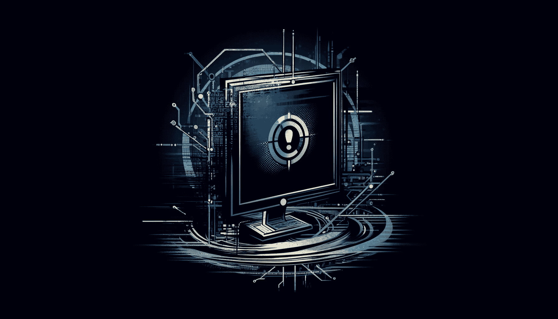 Computerscreen zeigt eine Fehlermeldung, umgeben von digitalen Symbolen für Netzwerk und Datenfluss, was die Komplexität moderner Internetnutzung darstellt.