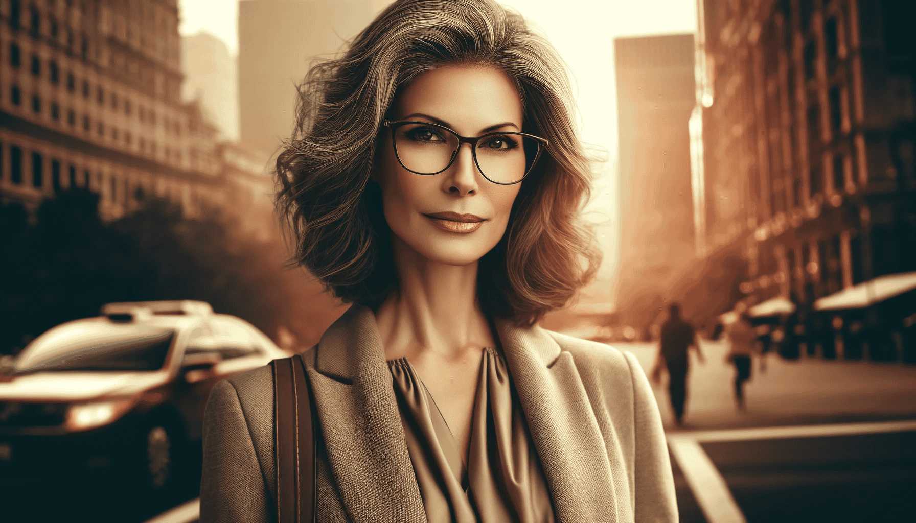 Eine elegante ältere Frau mit Brille und mittellangem, welligem Haar steht lächelnd in einer städtischen Umgebung.