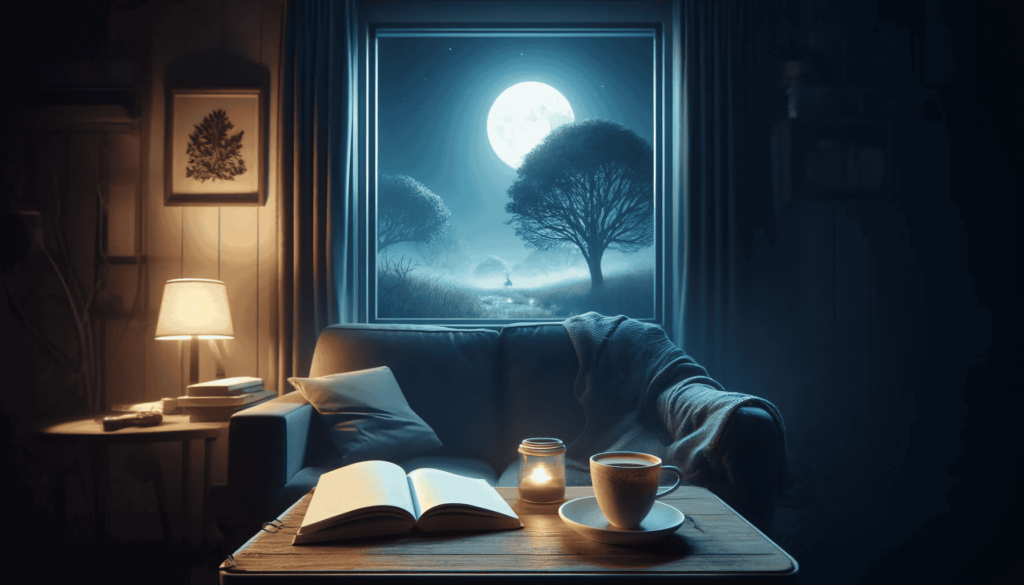 Ein ruhiges und friedliches Bild, das einen entspannten Freitagabend darstellt. Im Vordergrund sieht man eine gemütliche, leicht beleuchtete Wohnzimmerszene mit einer Tasse Tee und einem offenen Buch auf einem kleinen Tisch. Durch ein Fenster im Hintergrund blickt man auf eine nächtliche Landschaft mit sanftem Mondlicht, das durch die Zweige eines nahen Baumes scheint. Der Stil des Bildes ist realistisch und beruhigend, ideal für eine Gute Nacht-Stimmung.