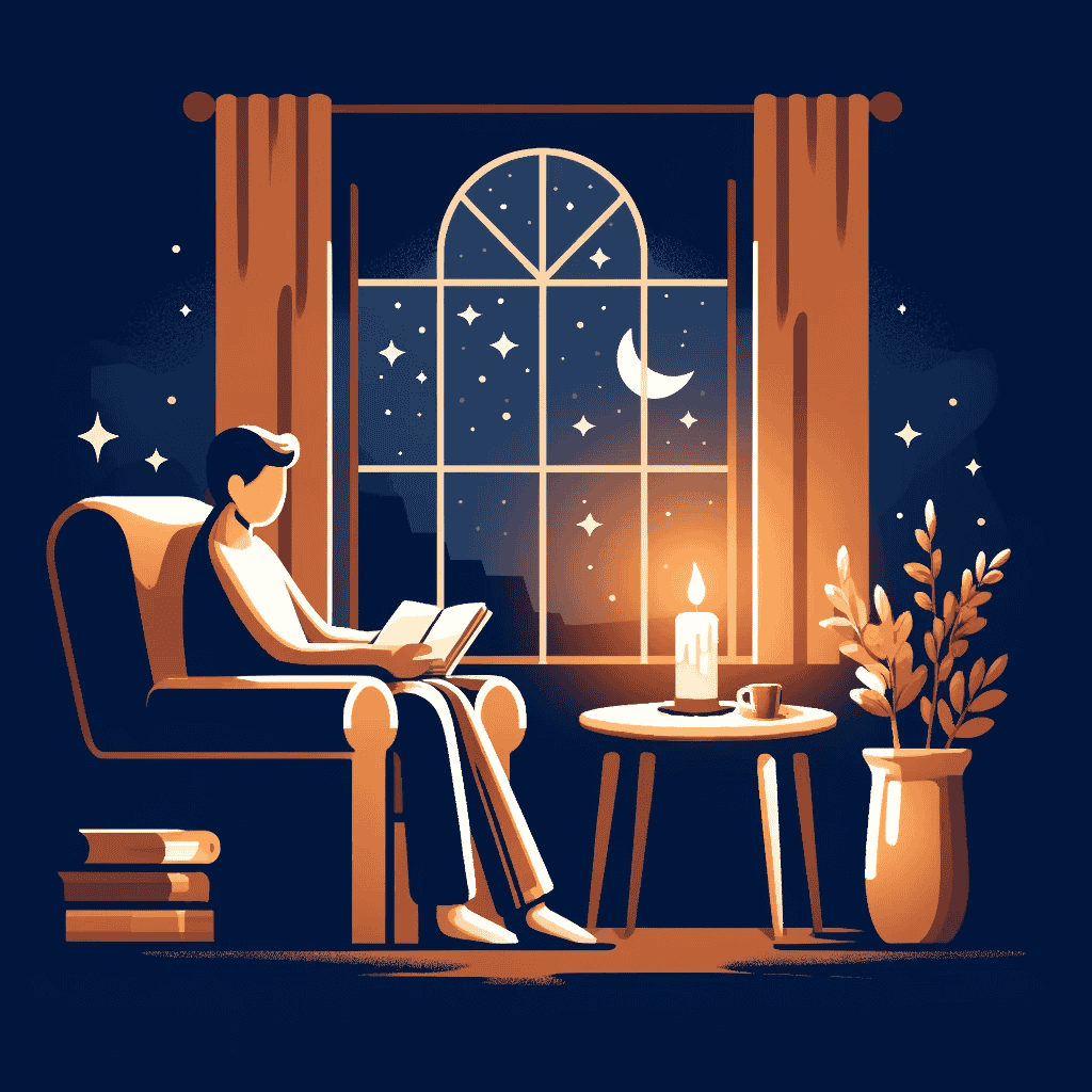 Entspannte Abendszene mit einer Person in einem Sessel, einer brennenden Kerze und einem offenen Buch, vor einem Fenster mit Blick auf einen sternenklaren Himmel.