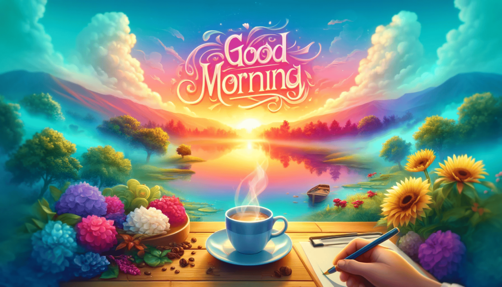Ein inspirierendes und lebendiges Bild, ideal für eine Guten-Morgen-Nachricht. Es zeigt eine friedliche Morgenlandschaft mit einem Sonnenaufgang über einem stillen See oder einem farbenfrohen Himmel bei Tagesanbruch. Elemente wie eine dampfende Tasse Kaffee und ein fröhlicher Gruß in attraktiver Schriftart sind enthalten. Die Szene vermittelt ein Gefühl von Frische und neuen Anfängen, perfekt, um den Tag zu beginnen.