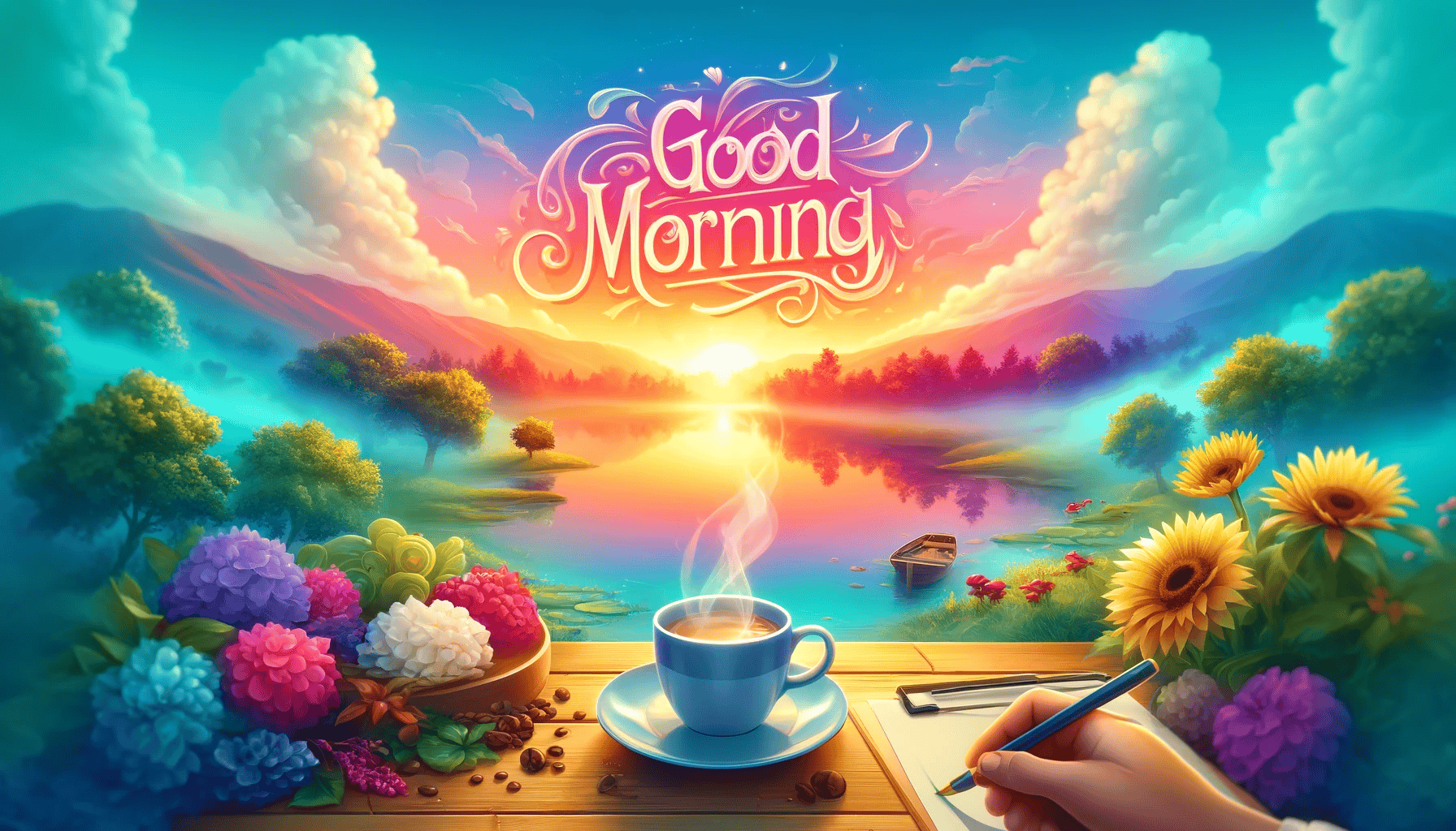 Ein inspirierendes und lebendiges Bild, ideal für eine Guten-Morgen-Nachricht. Es zeigt eine friedliche Morgenlandschaft mit einem Sonnenaufgang über einem stillen See oder einem farbenfrohen Himmel bei Tagesanbruch. Elemente wie eine dampfende Tasse Kaffee und ein fröhlicher Gruß in attraktiver Schriftart sind enthalten. Die Szene vermittelt ein Gefühl von Frische und neuen Anfängen, perfekt, um den Tag zu beginnen.