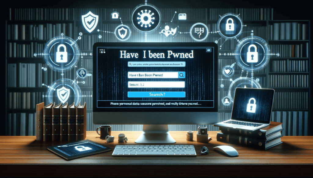 Ein Bild, das die Online-Datensicherheit und Privatsphäre darstellt. Es zeigt einen Computerbildschirm mit der 'Have I Been Pwned' Website, umgeben von Sicherheitssymbolen wie Schlössern, Firewalls und digitalen Verschlüsselungsikonen. Die Szene betont die Wichtigkeit, persönliche Datenverletzungen zu prüfen und die Online-Sicherheit zu verbessern.